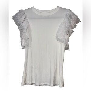 White Ribbed Ruffle Short Sleeve with Polka Dots Blouse Women's MediumLarge